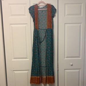 Elegant Floral Maxi Dress in Teal and Rust